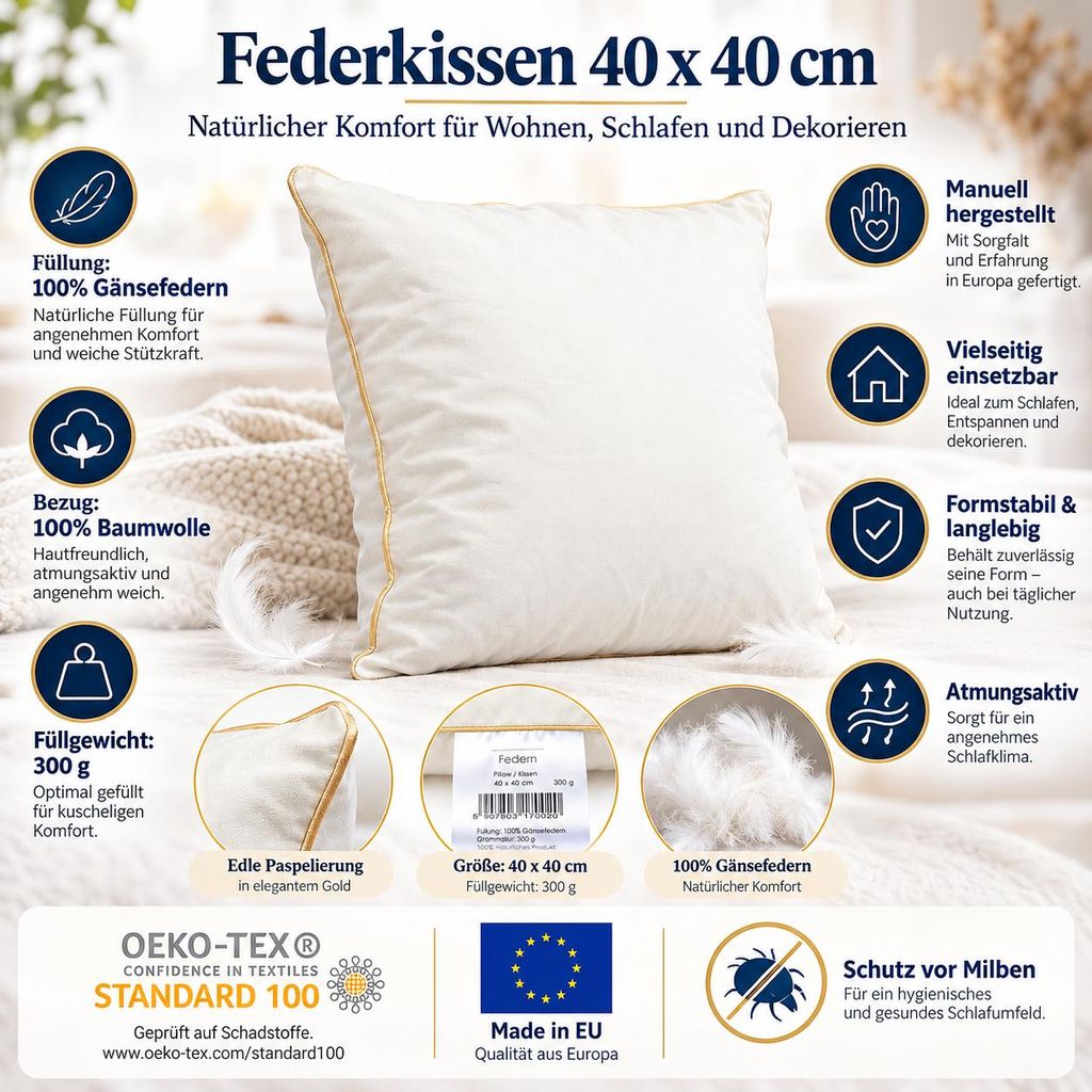 2er Set Federkissen 40x40 cm 300 g 100% Gänsefedern