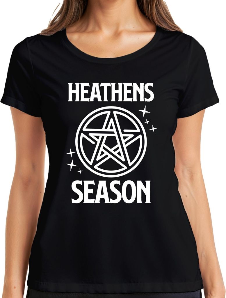 HEATHENS SEASON Pentagramm Pentakel Wicca Heidentum Gothic Okkult Damen T-Shirt, Schwarz, S