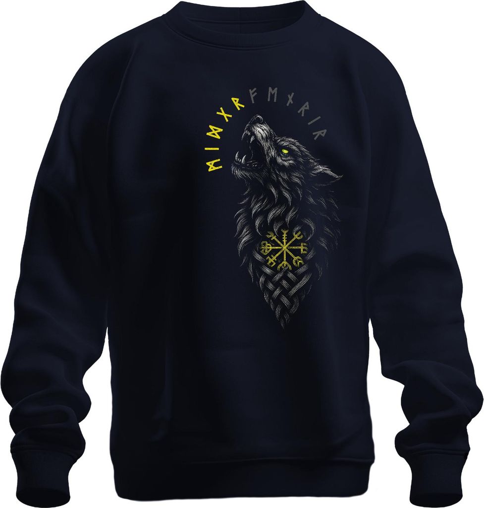 Wikinger Wolf Vegvisir Nordische Runen Kompass Mythologie Fenrir Uni Sweatshirt Pullover, Navy, XXL