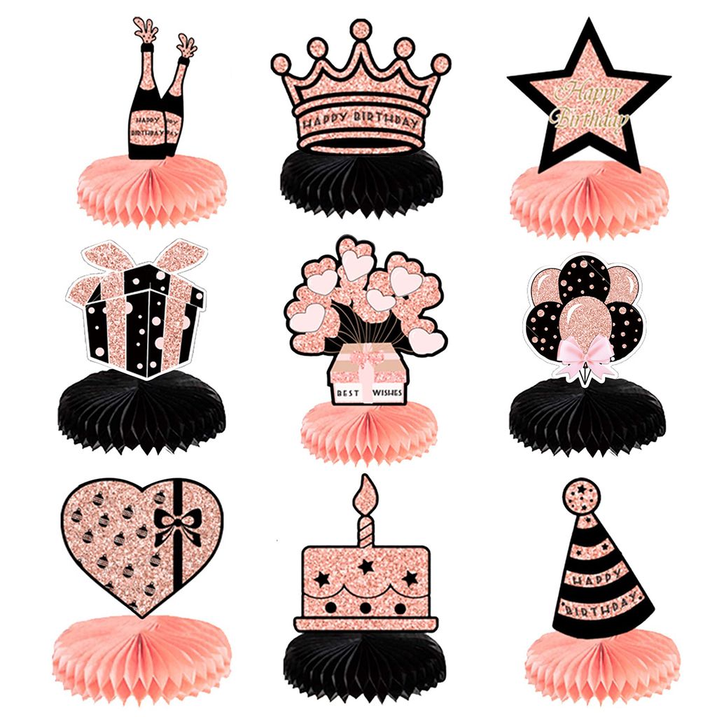 9pcs/Set Wabe Kernstück künstlerisches dekoratives Papier Hinzufügen von Atmosphären alles Gute zum Geburtstag Table Stake Decor Party Supplies-H