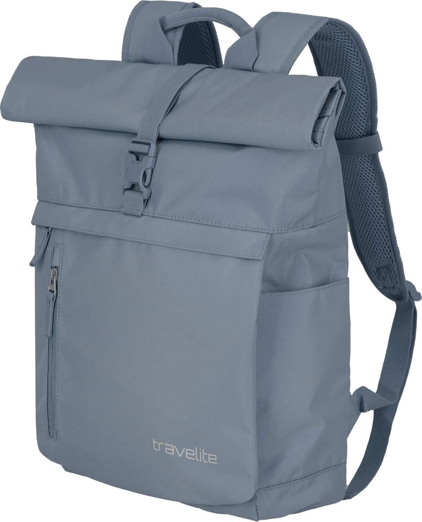 A studio shot of a blue backpack.