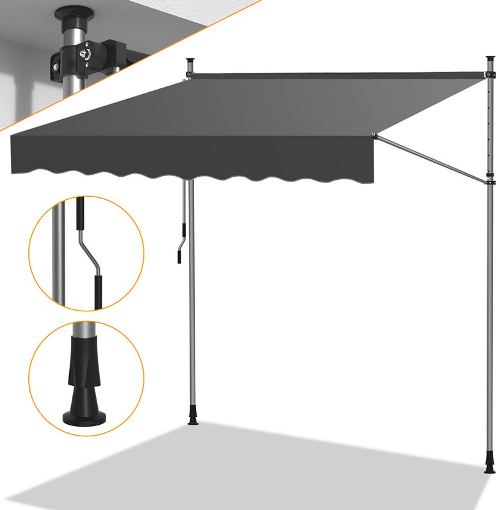 Clanmacy Klemmmarkise 200x120cm Markise Höhenverstellbare Balkonmarkise mit Handkurbel Sonnenschutz ohne Bohren für Terrasse und Balkon Grau
