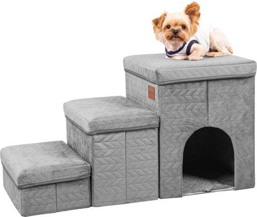 DEKORD Hundetreppe mit Stauraum, 3-stufige Haustiertreppe für kleine Hunde und Katzen, platzsparend, stabil, tragbar, ideal für das Sofa und das ...