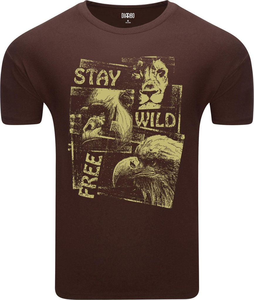Diarbo Herren T-Shirt mit Lustiger Druck Bleib Wild und Frei Braun Gr.L