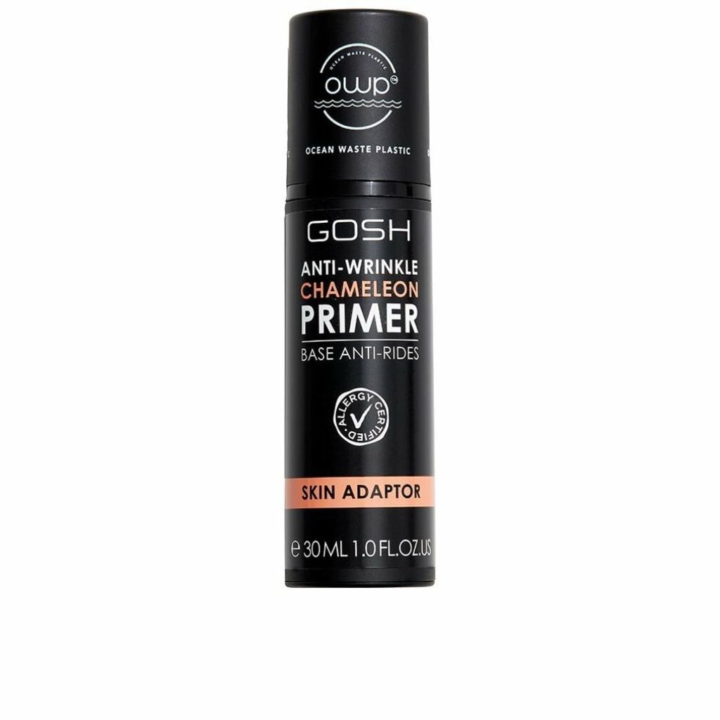 A black bottle of GOSH Chameleon Primer with text and logos on it, set against a white background.