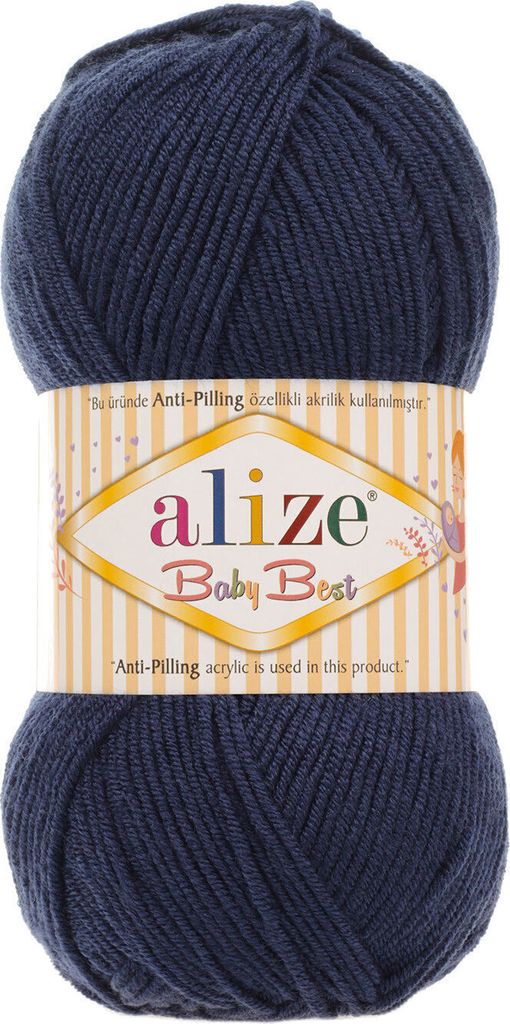 A ball of dark blue yarn with a label wrapped around it.