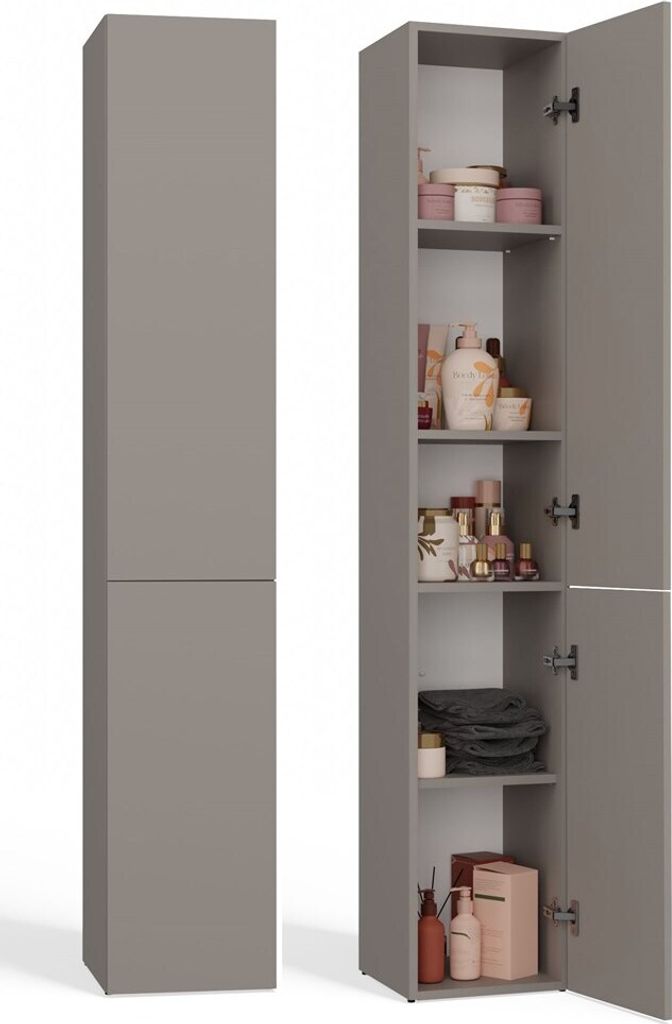 A tall, narrow bathroom cabinet is shown from the front and side. The side view reveals shelves filled with various toiletries and cosmetic products.