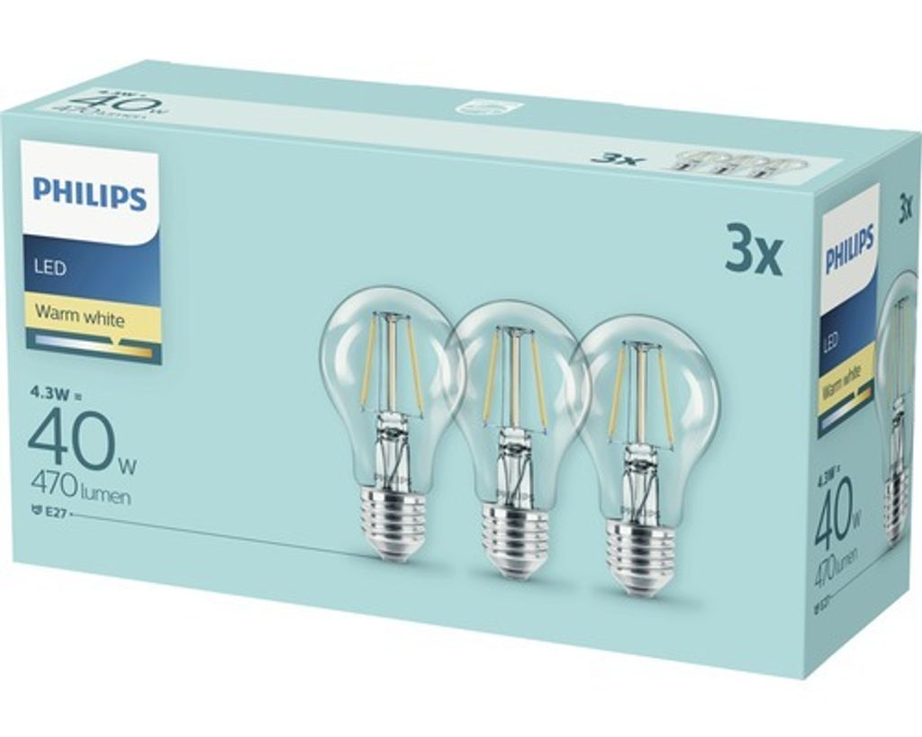 Philips Filament-Lampe, transparent, 40W A60 E27 x3, 4,3 W, Produktbild 