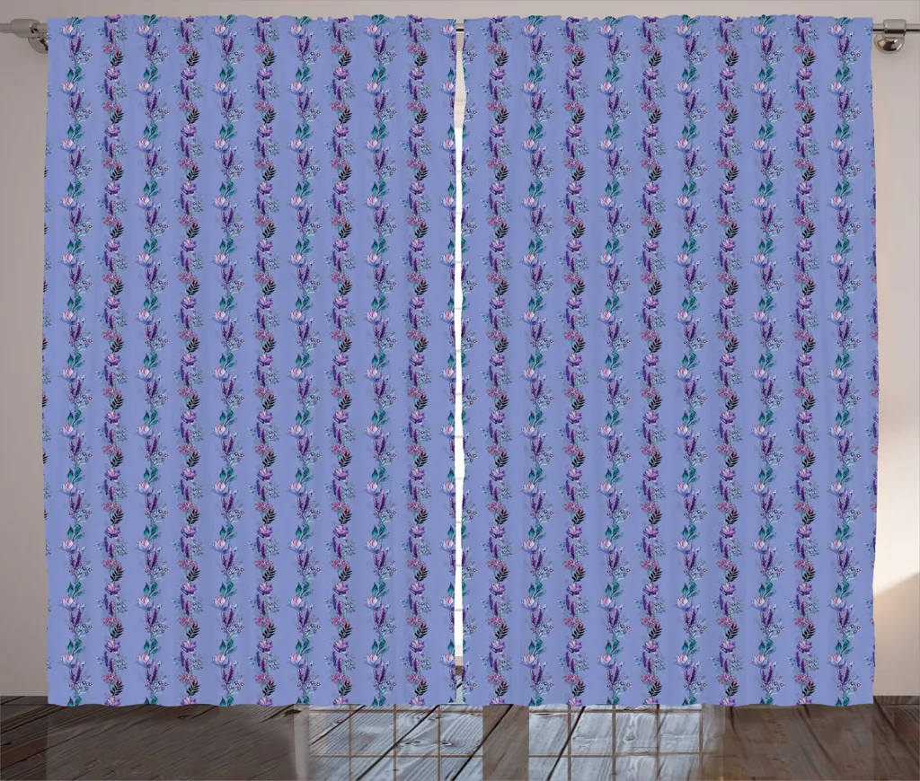 Rideau Bohème Bleu Ciel 280x225 cm avec Motifs de Fleurs Rustiques