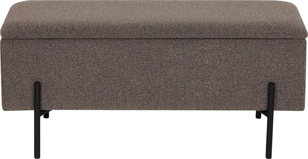 A storage bench with a brown textured fabric upholstery and black metal legs, shown against a white background.