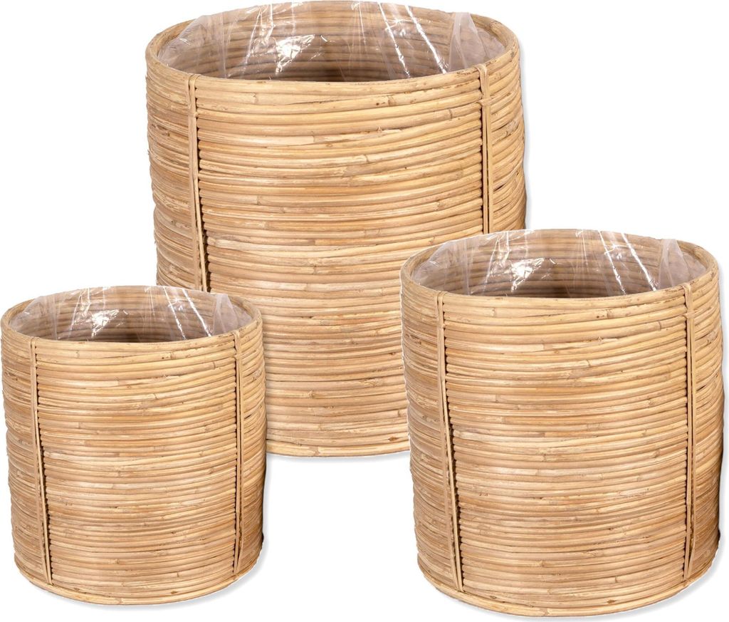 Rattan Korb Topf 3er Set rund mit Einsatz Blumentopf geflochten Aufbewahrungskorb Übertopf Blumenkorb