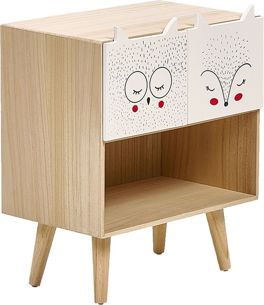 A children's bedside table with two drawers featuring animal faces and an open shelf.