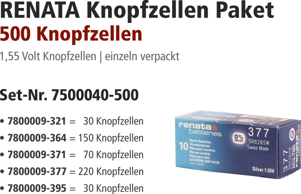 Renata Aktionspakete, 321, 364, 371, 377, 395 sortiert