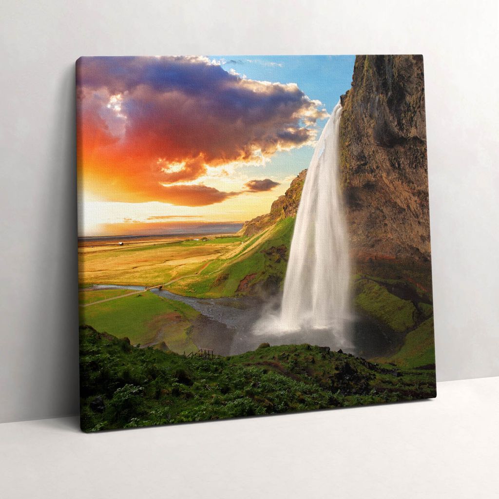 Waterfall in Iceland – Leinwandbild Wandbild – 60x60 cm – Leinwandbilder – Wandbilder – Schlafzimmer – Flur