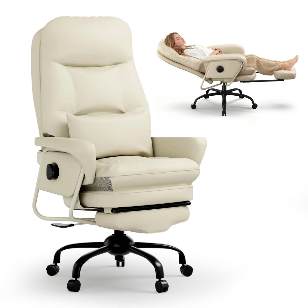 A beige ergonomic office chair is shown in two views: one upright and one reclined with a person sitting in it.