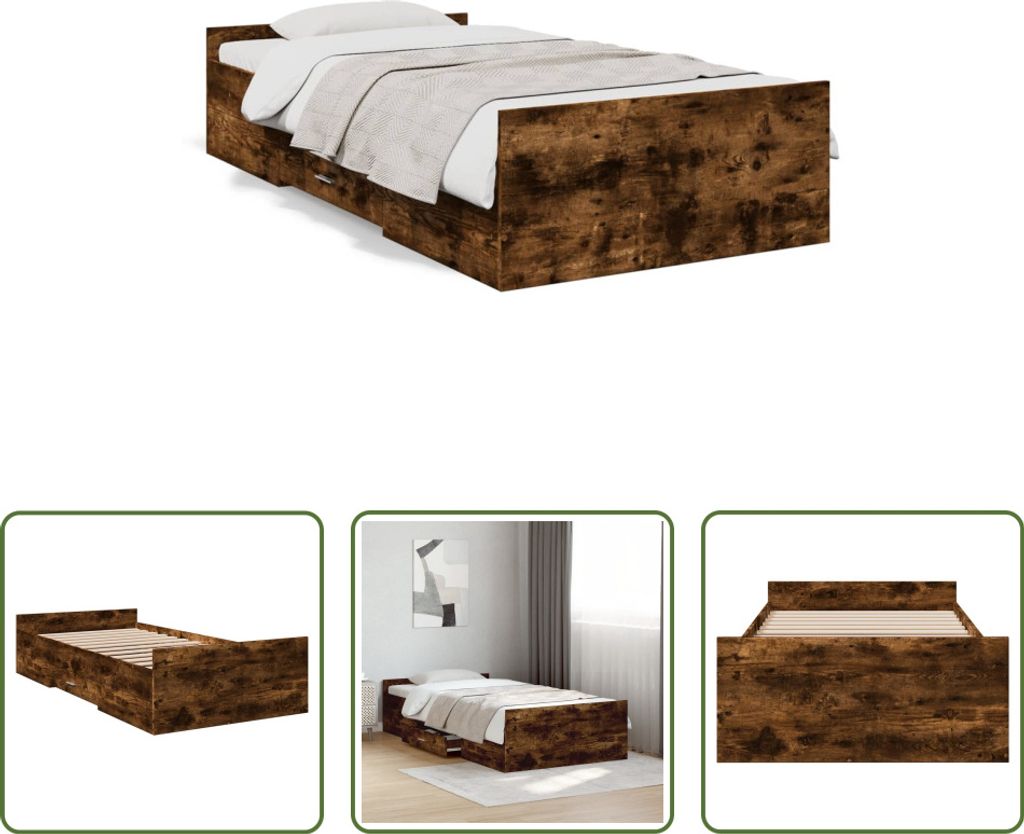 The Living Store Bettgestell mit Schubladen Räuchereiche 100x200cm Holzwerkstoff