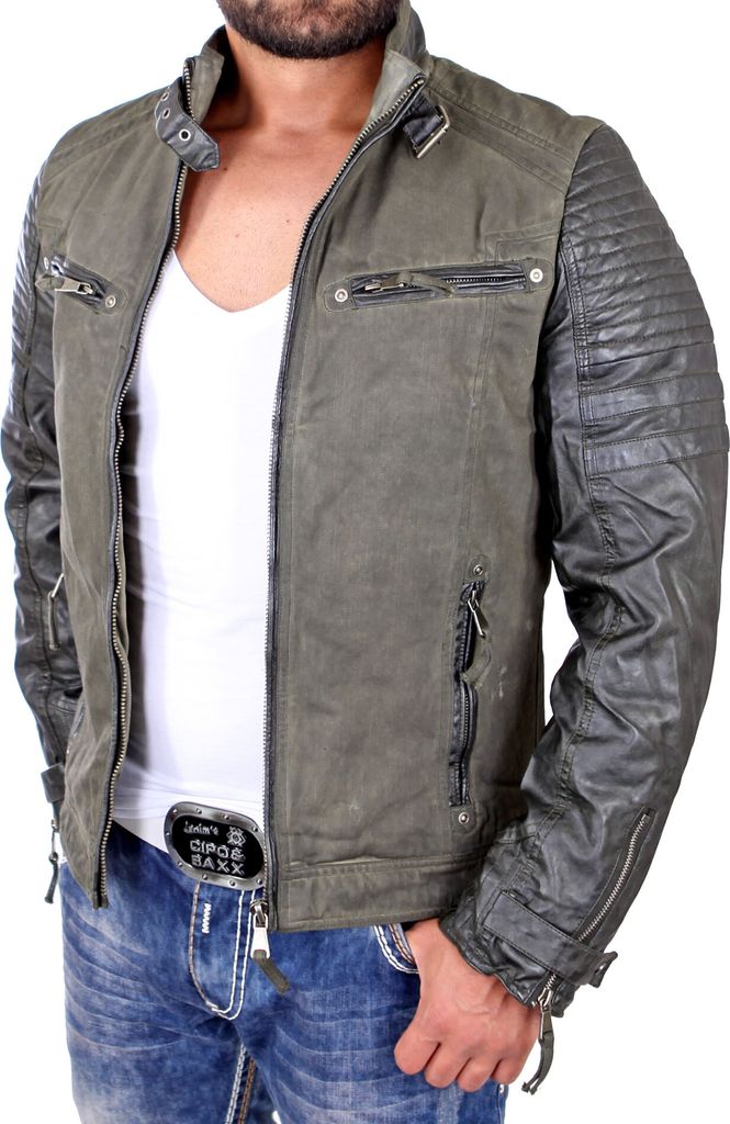 Reslad Lederjacke Herren Vintage Material Mix Kunstleder Jacke RS-1504 Khaki S