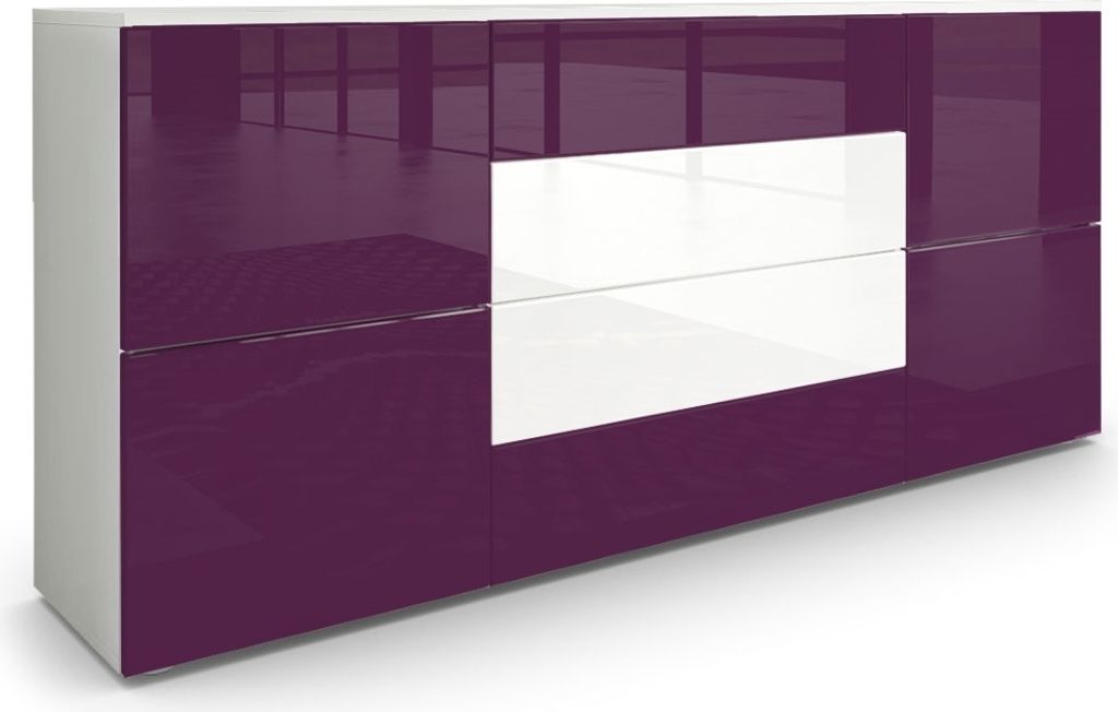 Vladon Sideboard Rova, Germany, Kommode mit 4 Türen und 4 Schubladen, Weiß matt/Brombeer Hochglanz/Weiß Hochglanz (166 x 72 x 35 cm)