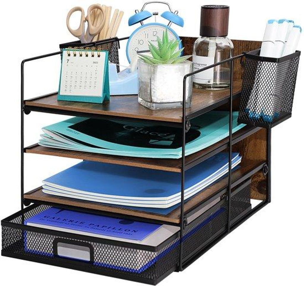 Büro-Organisations-Set mit Metallrahmen, 4-Taschen, Dokumentenbox mit Papierhalter, Füllfederhalter und stapelbarer Konstruktion