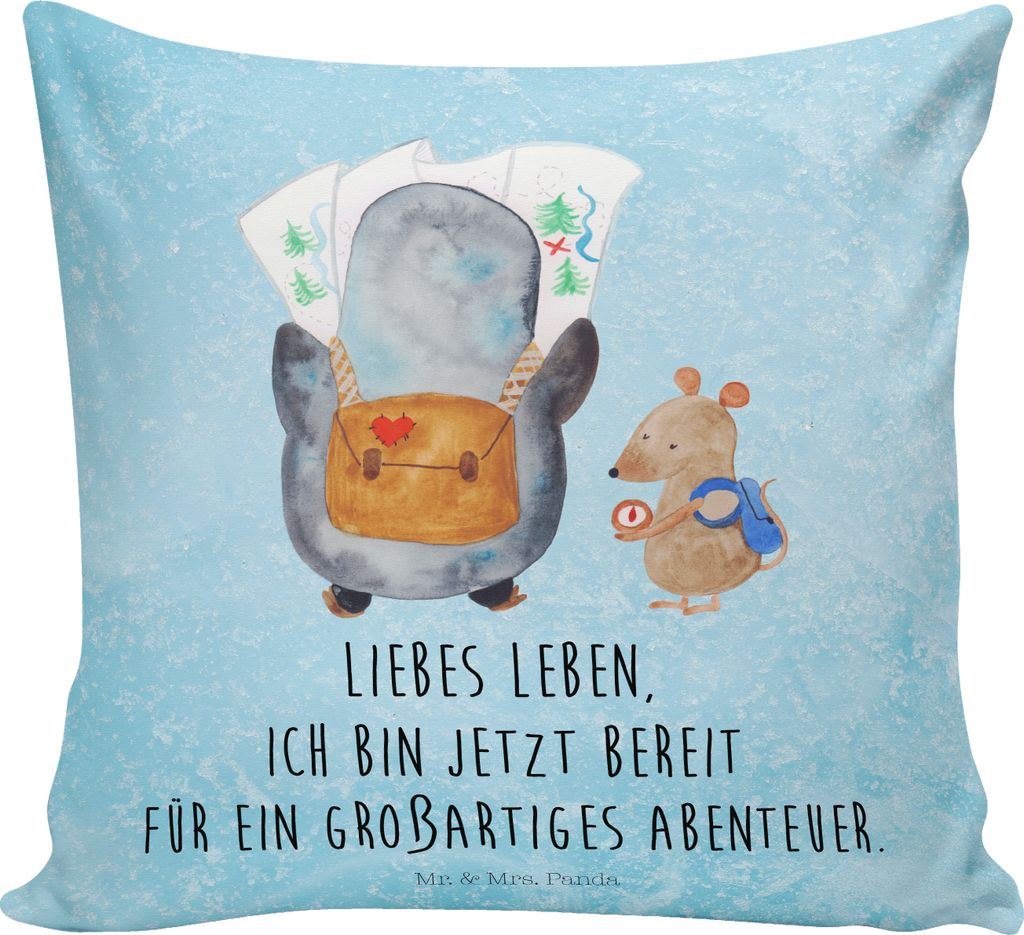 Mr. & Mrs. Panda kissen bedruckt Pinguin & Maus Wanderer - Eisblau - Geschenk, kuschelkissen 40x40, Ausflug, Sofakissen, Deko, Dekokissen Sofa, Wan...