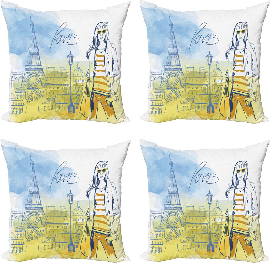 ABAKUHAUS Paris Kissenbezug Set (4 Stück), Mädchen auf dem Eiffelturm, Moderner Doppelseitiger Digitaldruck, 45 cm x 45 cm, Gelb-Schiefer-Blau