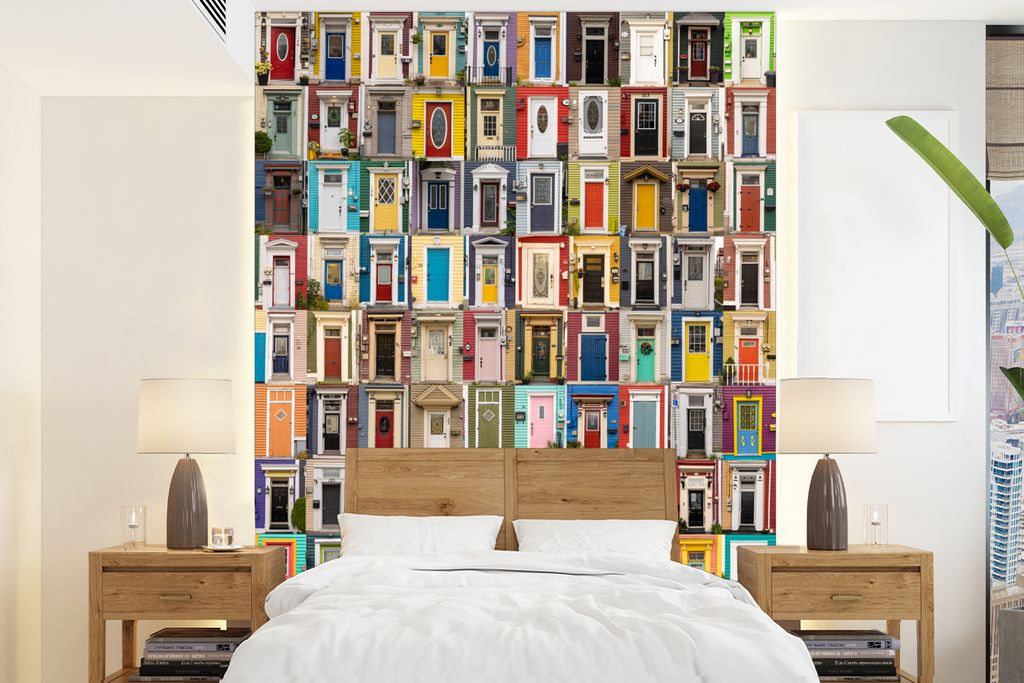 MuchoWow Fototapete für Wohnzimmer oder Schlafzimmer Wandtapete Vinyl Motivtapete Türen - Bunt - Collage - Architektur - 190x260 cm - Papiertapete