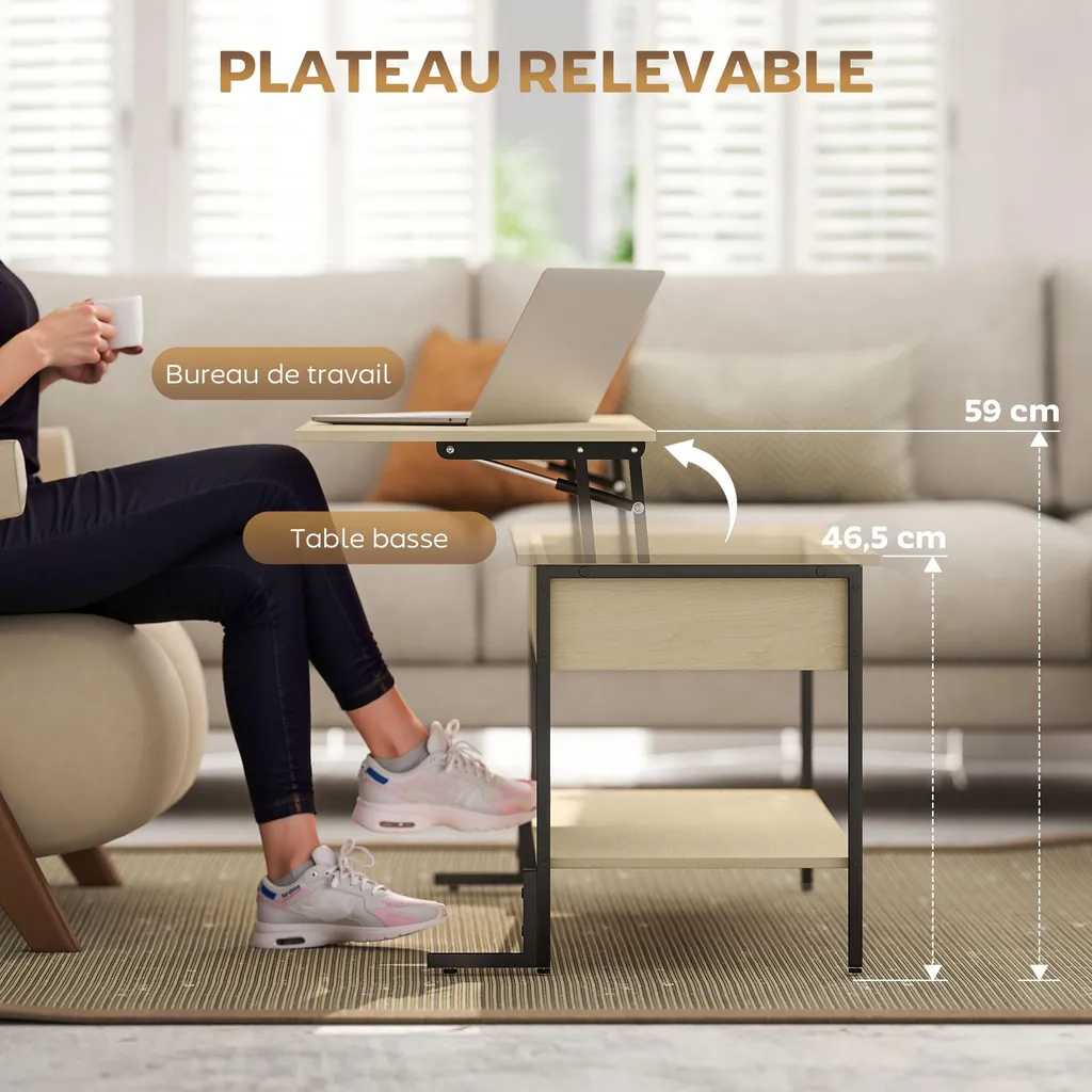 Table de salon avec plateau relevable et compartiment caché bois clair - 6