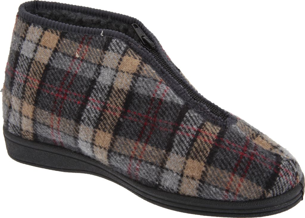 Sleepers Herren Jed II Thermo-Hausschuhe / Pantoffeln mit Reißverschluss, kariert DF834 (46 EUR) (Grau)