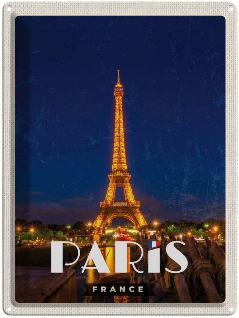 vianmo Blechschild 40x30 cm Paris France Urlaub Eiffelturm Nacht Lichter Bildmotiv Reisemotiv Abenteuer Reisen Europa