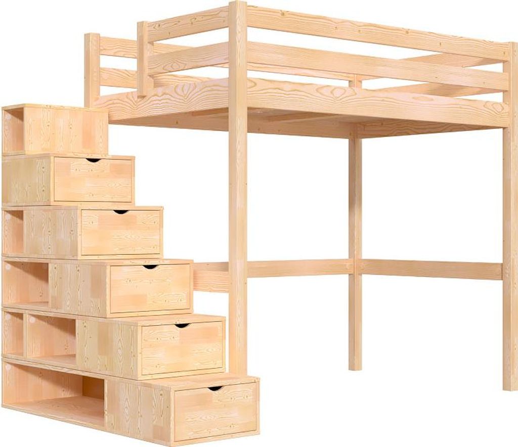 Hochbett holz mit Treppenregal Sylvia - 120x200 - Roh (ohne Lack)