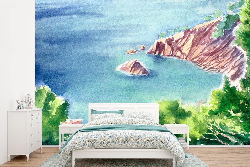 MuchoWow Fototapete für Wohnzimmer oder Schlafzimmer Wandtapete Vinyl Motivtapete Meer - Berge - Wald - 420x280 cm - Zimmer für Kinder