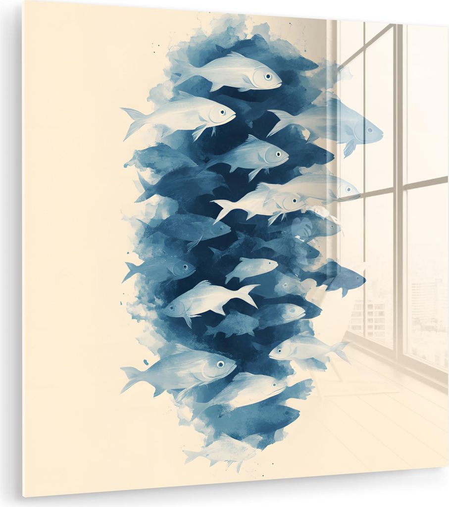 MuchoWow Glasbilder - Bilder auf Wandbild - Foto auf Glas Fische - Minimalistisch - Blau 50x50 cm Wanddekoration aus Glas - Acrylglasbild - Acrylbi...