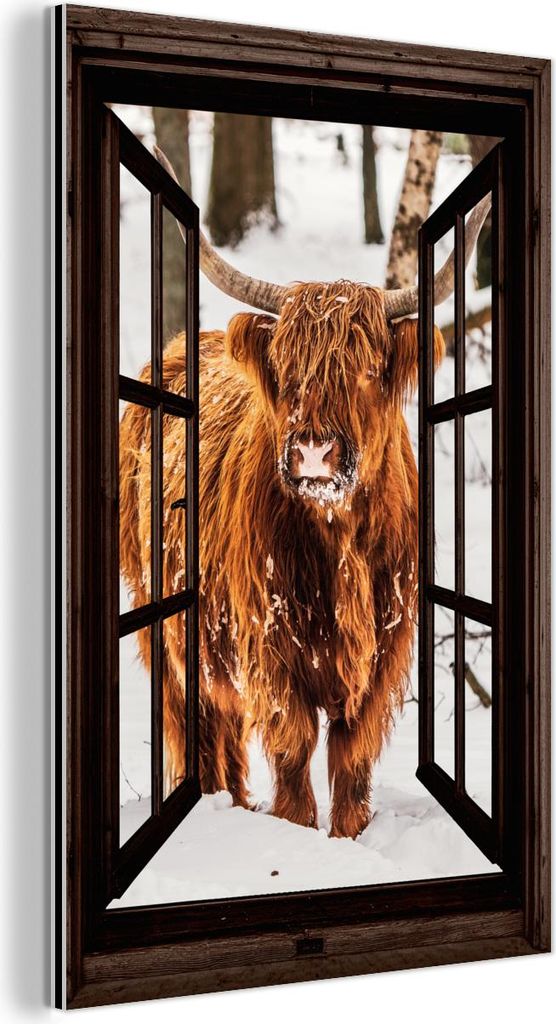 MuchoWow Wanddekoration Metall Metallbild Wandkunst 40x60 cm Schottisches Hochlandrind - Schnee - Natur - Tiere - Durchsichtig - Winter MuchoWow Al...