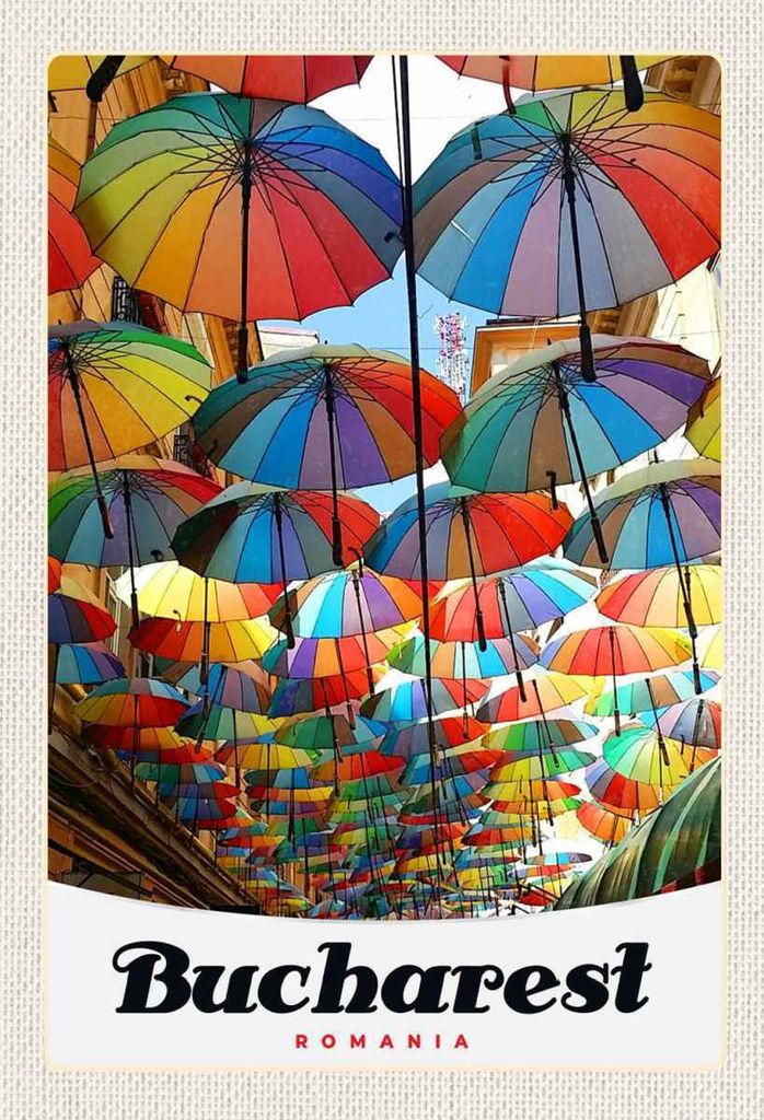 vianmo Holzschild 30x20 cm Bukarest Rumänien Regenschirm bunt Bildmotiv Reisemotiv Abenteuer Reisen