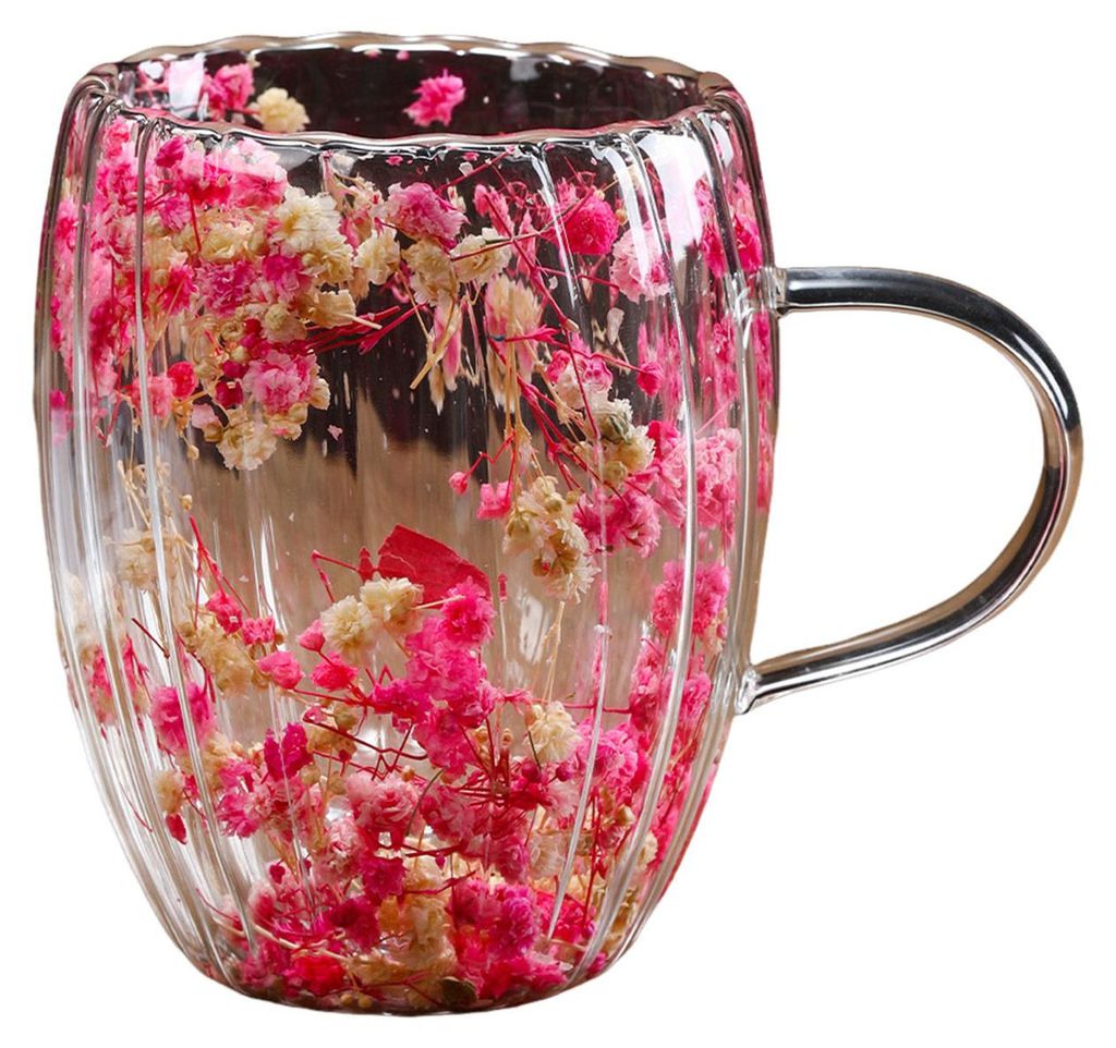 Doppelwandiger Glasbecher mit Trockenblumen, 250/350 ml, hitzebeständiger Henkel, Kaffeetasse für Heißgetränke, einzigartiges, kunstvolles Glas.