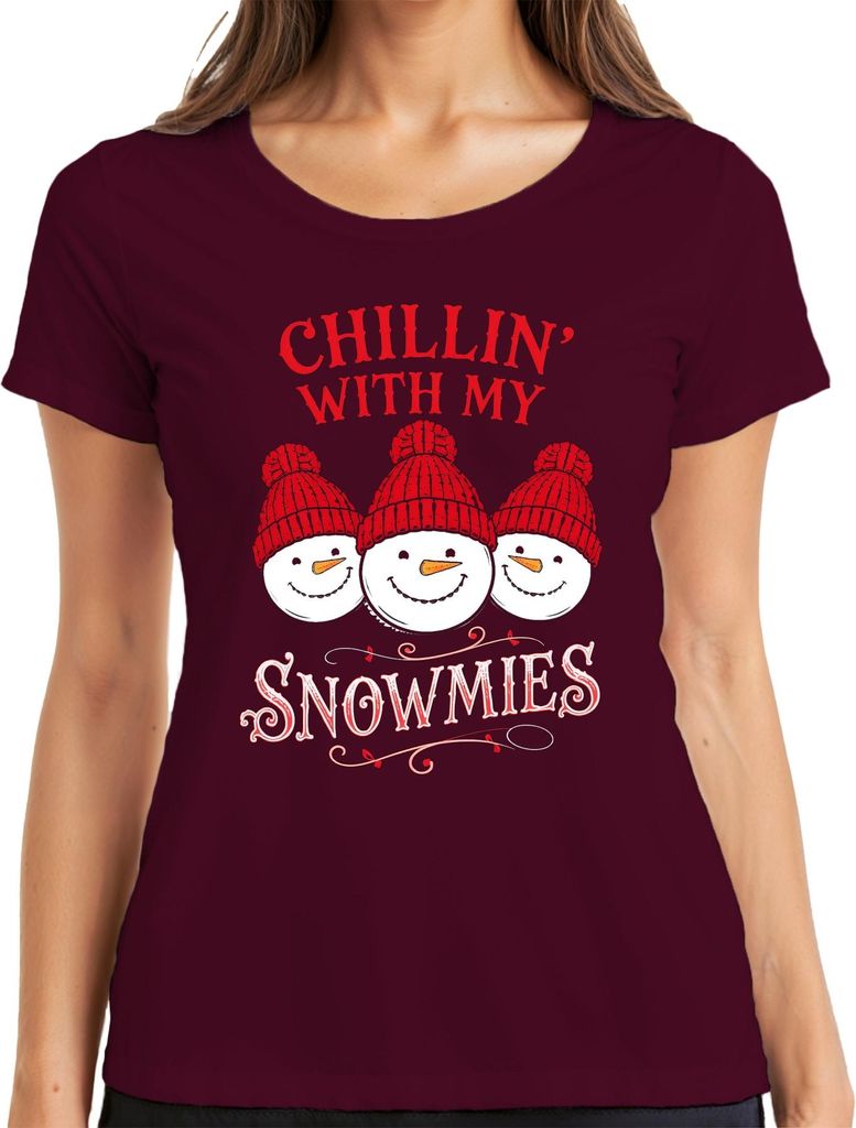 Chillin' With My Snowmies Weihnachten Schneemann Winter Lustig Damen T-Shirt, Burgundy, L