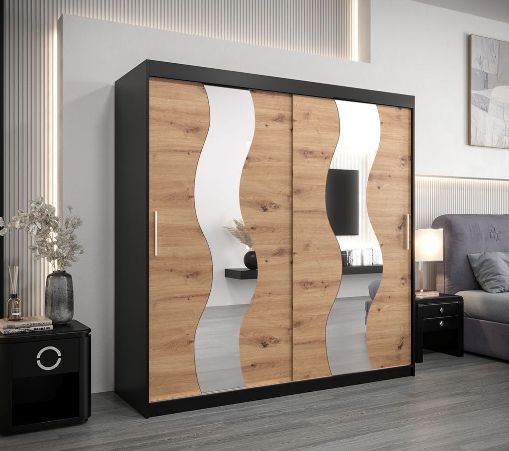 Kleiderschrank JESIKA – Breite 200 cm, schwarz/Eiche handwerklich gefertigt