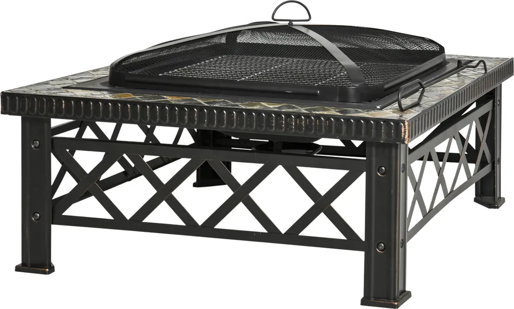 Outsunny Brasero 3 en 1 Carré Noir avec Grille BBQ et Seau à Glace 76cm