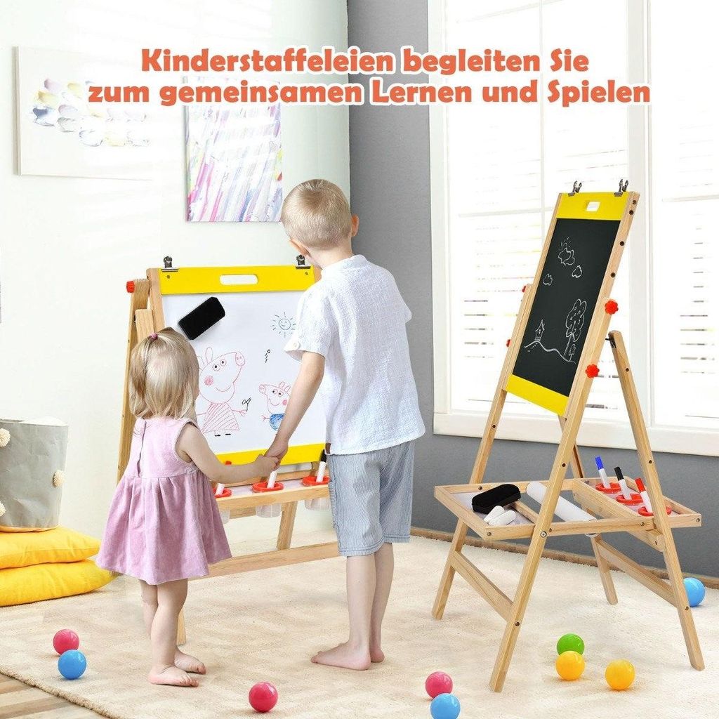 3 in 1 Kindertafel Klappbar Höhenverstellbare Holztafel für Kinder 50,5 x 53,5 x 79-104 cm Natur + Gelb