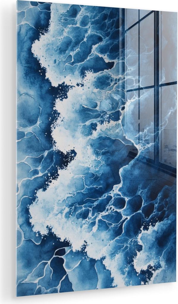 MuchoWow Glasbilder - Bilder auf Wandbild - Foto auf Glas Wellen - Blau - Schaumstoff 40x60 cm Wanddekoration aus Glas - Acrylglasbild - Acrylbilde...