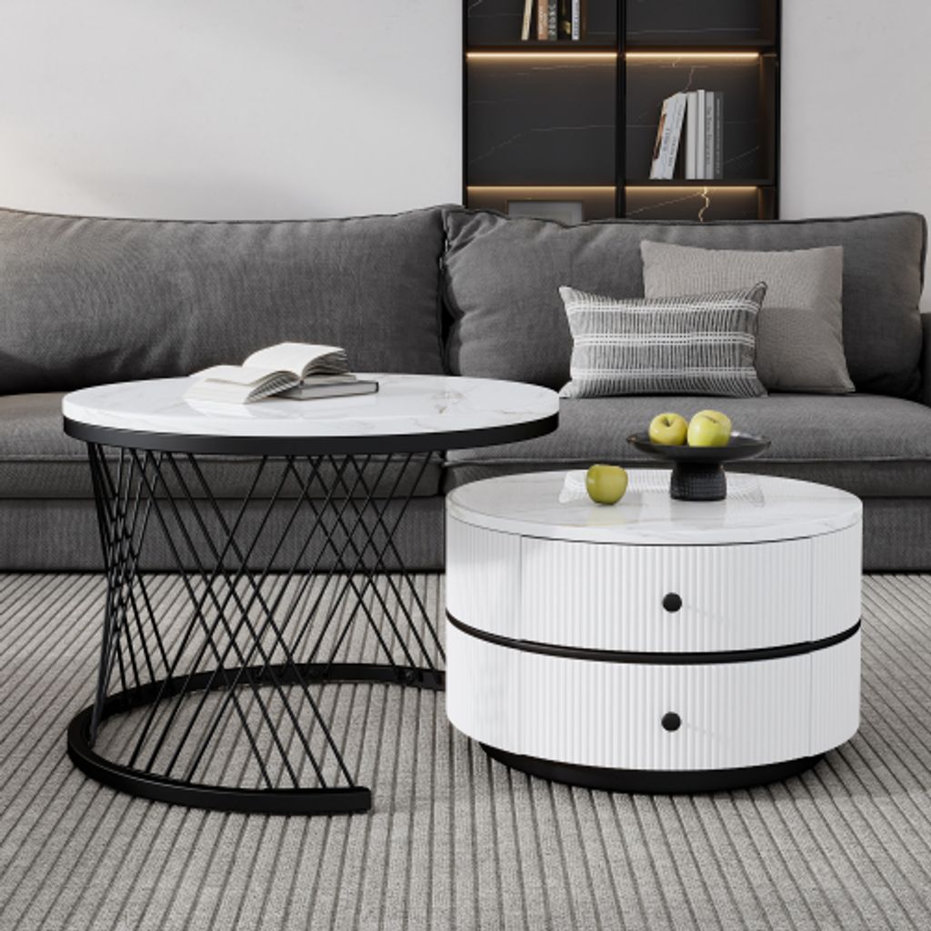 okwish Couchtisch 2er-Set, Satztisch Beistelltisch mit 2 Schubladen für Schlafzimmer Balkon, Satztische fürs Wohnzimmer, Wohnzimmertisch mit Marm...