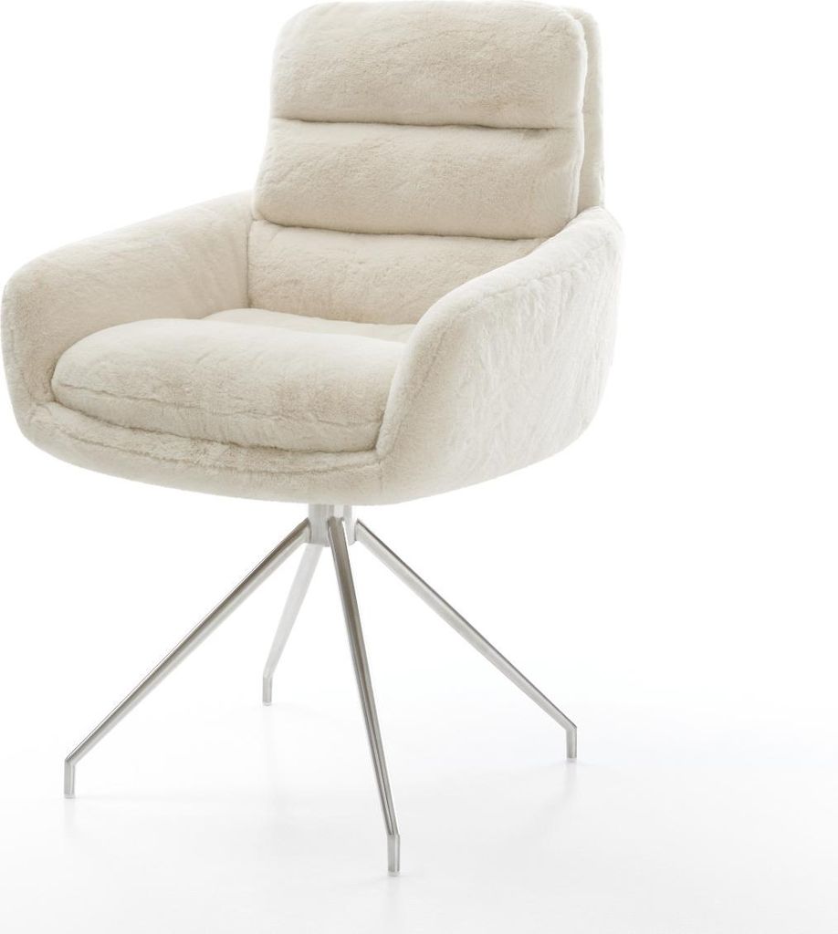 DELIFE Esszimmerstuhl Abelia-Flex mit Armlehnen Plüsch Creme-Weiß Kreuzgestell konisch Edelstahl