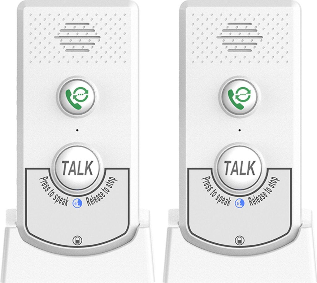 Two white wireless intercom units are shown side-by-side on their charging bases.
