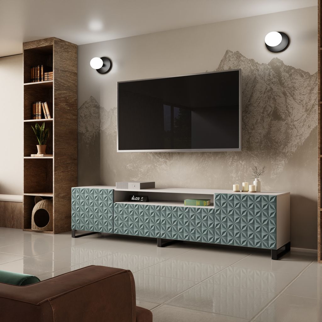 Modernes TV-Lowboard mit 3-Türen Mono mit Muster auf den Fronten 200 cm breite TV-Schrank mit 4 Innenregale Fernsehtisch TV-Ständer auf Metallbei...