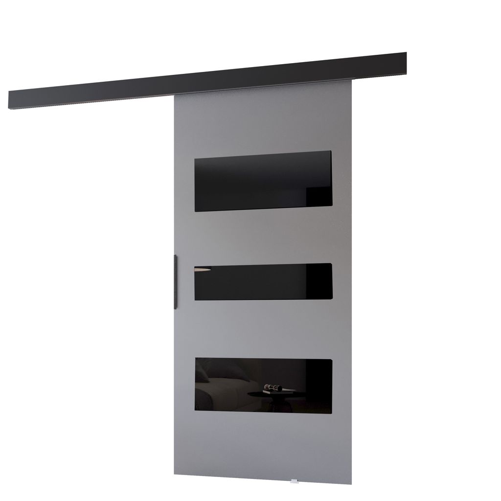 MINIO go for it, Schiebetür "PRIM C", Zimmertür, mit schwarzen Dekorelementen, schwarzer Griff, 96 cm, Graue / Schwarze Farbe