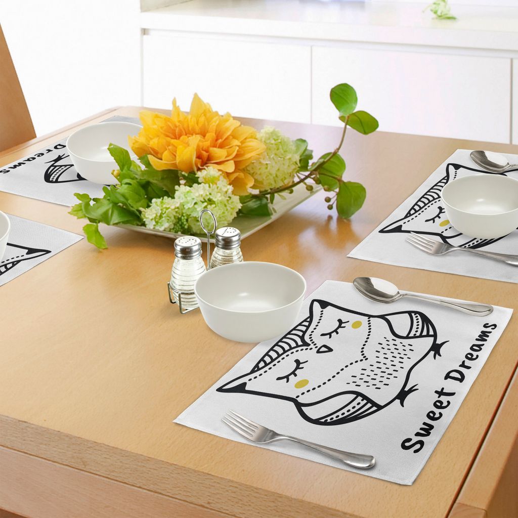ABAKUHAUS Schöne Träume Platzmatten, Hand gezeichnete einfarbige Eulen-Gekritzel-Zusammensetzung mit Punkt-Tier, Tiscjdeco aus Farbfesten Stoff f...