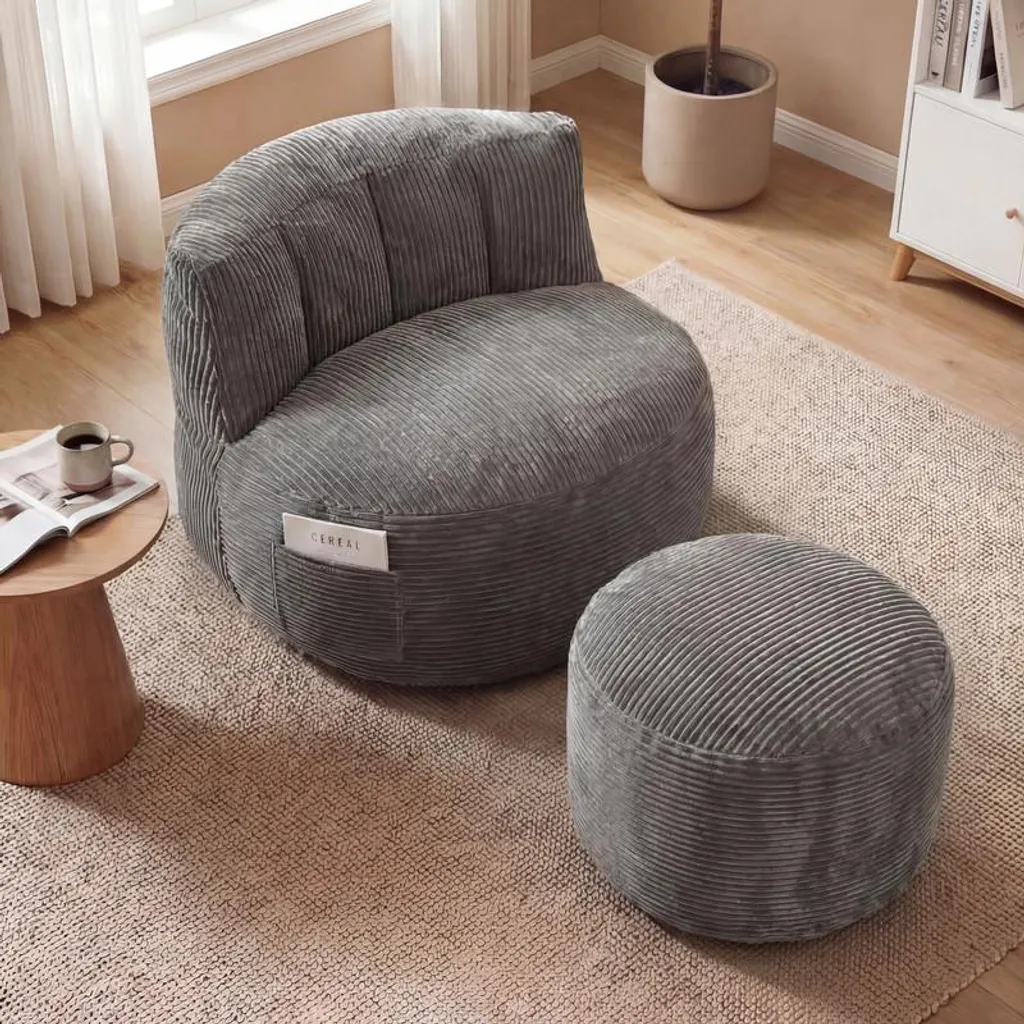 Fauteuil de chambre confortable gris en flanelle avec pouf rond de repos - 3