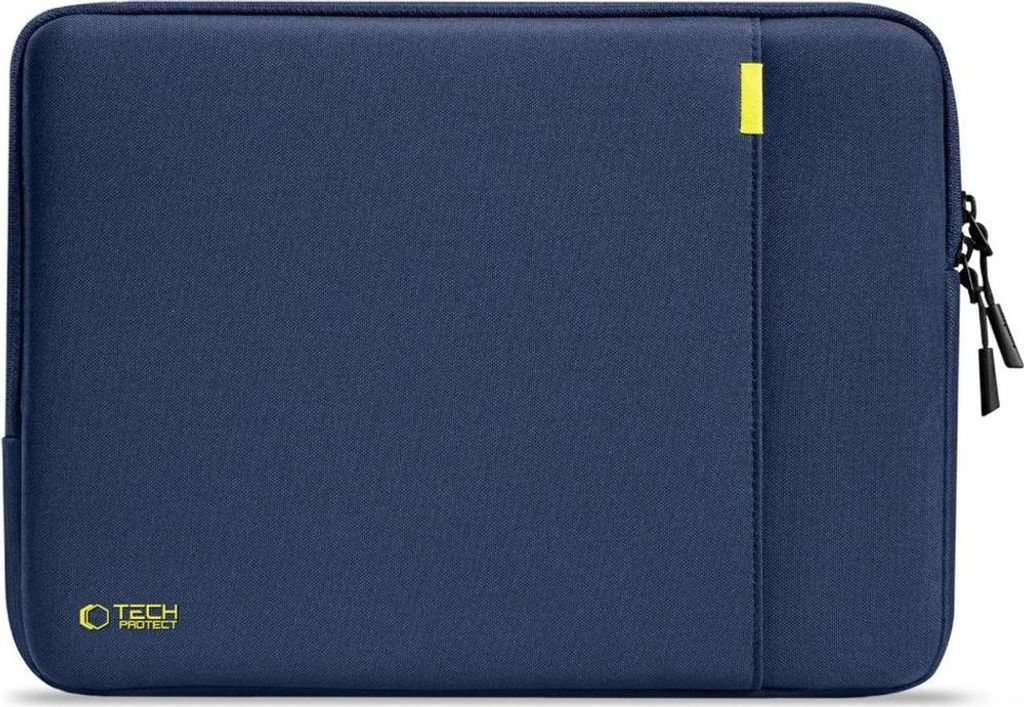A navy blue laptop sleeve with a yellow accent and zipper.