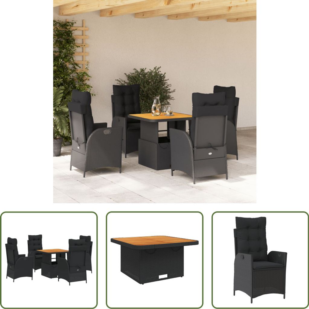 The Living Store 5-tlg. Garten-Essgruppe mit Kissen Schwarz Poly Rattan