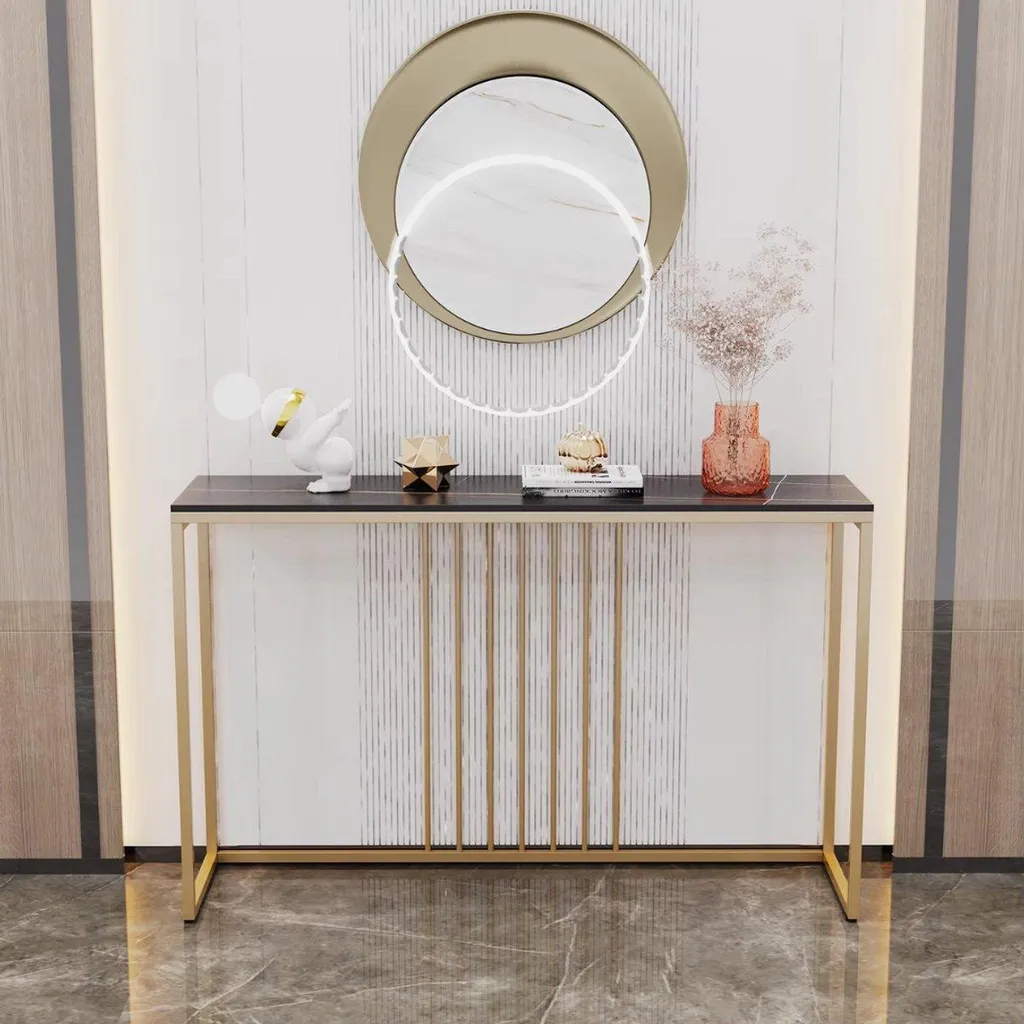 Table Console Murale Design Emerald Look - Meuble d'Appoint Blanc et Or - 2